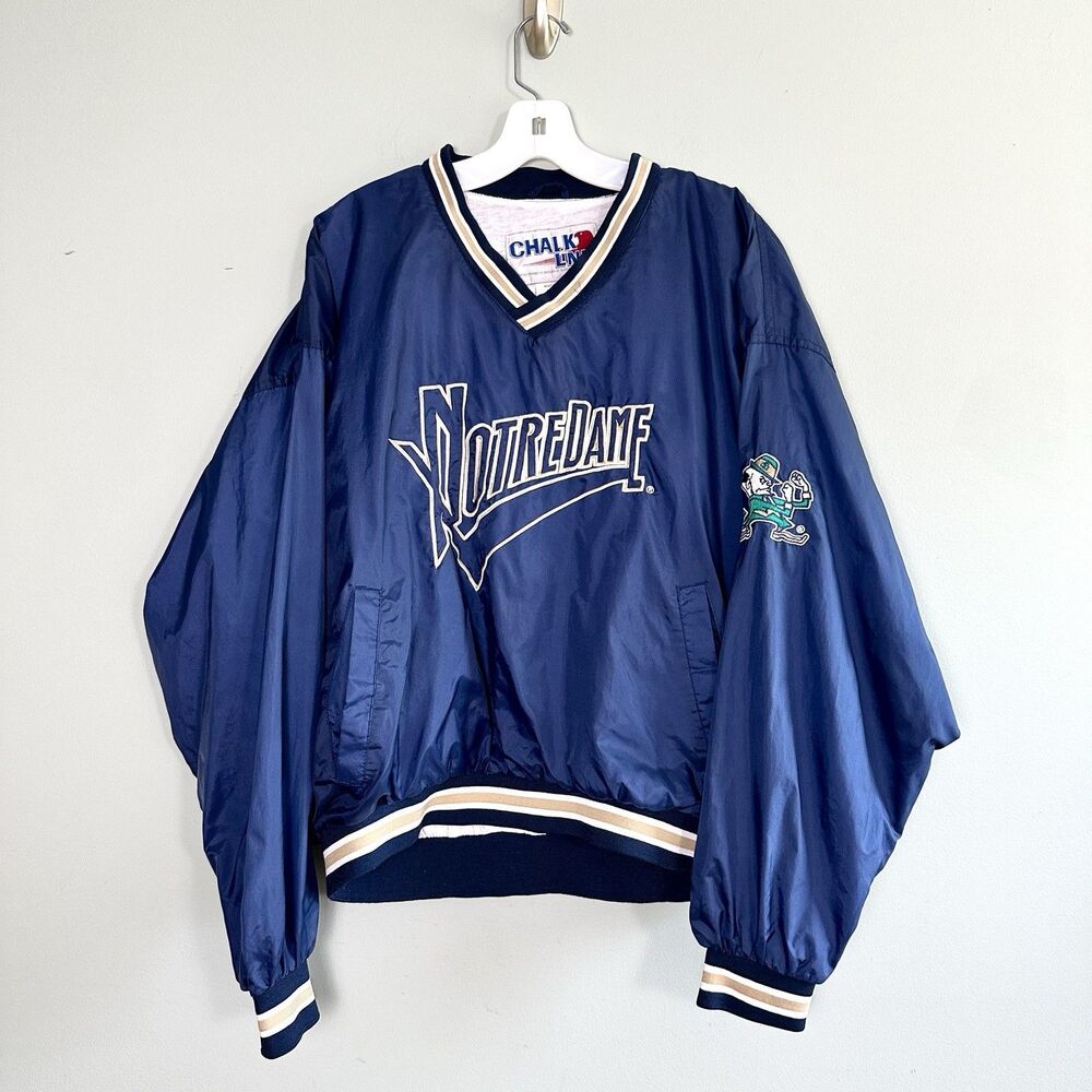 VTG Notre Dame Windbreaker Mens XL Blue Pullover Jacket Lined Irish Chalk Line